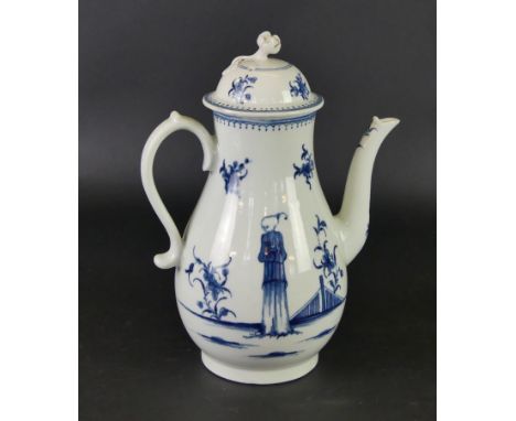 An 18th Century Worcester blue and white coffee pot and coverDecorated in the 'Waiting Chinaman' pattern, height 24cm    COND