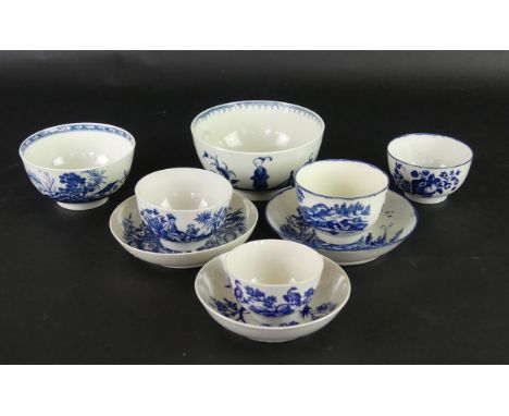 Nine pieces of 18th Century Worcester blue and white porcelainTo include slop bowl decorated in the 'Waiting Chinaman' cresce