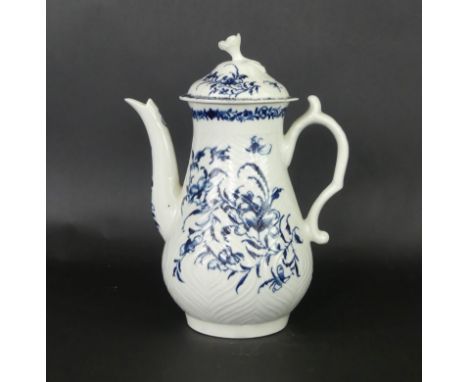 An 18th Century Worcester blue and white coffee pot and coverHaving feather moulded decoration with an under glazed blue flor
