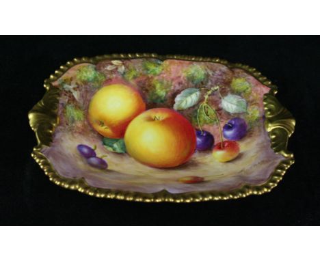 A Royal Worcester hand-painted dishDecorated with fruit by Freeman, with gilt piecrust edge, black factory marks to base, len