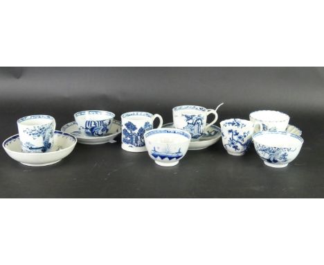 Twelve pieces of 18th Century blue and whiteTo include Liverpool coffee can and saucer decorated with Chinese landscape scene