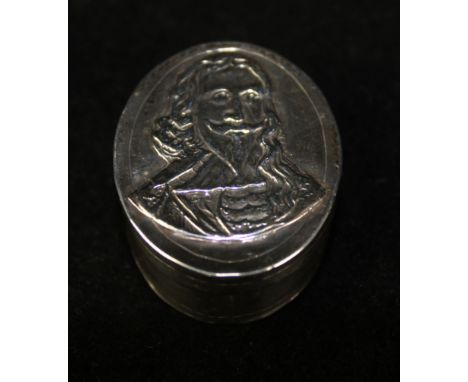 A 17th Century silver patch boxOf oval form, the pull-off lid with an applied bust of Charles I, makers mark to base indistin