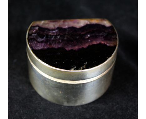 A hallmarked silver and Blue John Stone lidded patch boxOf Demi-lune form, made by BJK Sheffield 1981, height 3cm    CONDITIO