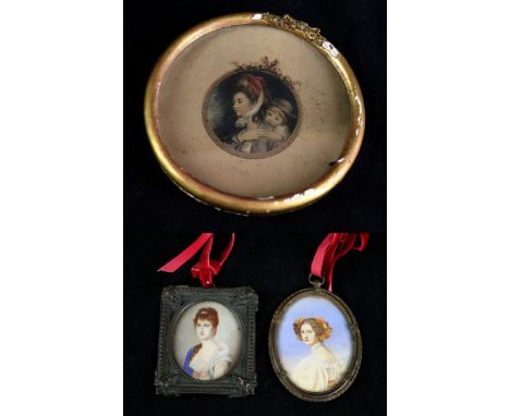 Two German portrait miniatures Each depicting female busts in Victorian clothing, inset within ornate metal frames and bearin