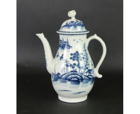 An 18th Century Worcester blue and white coffee pot and coverDecorated in the 'Rockstrata Island' pattern, crescent mark to b