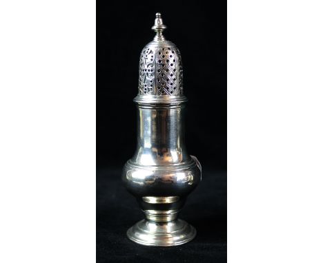 A George II silver sugar casterOf conventional plain form, with a pierced pull-off lid and knopped finial, an applied reeded 