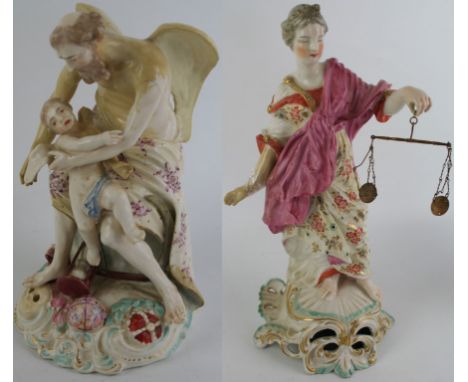 Two 19th Century hard paste porcelain figuresPossibly Bow, the first depicting a lady holding a set of scales, height 30cm, t