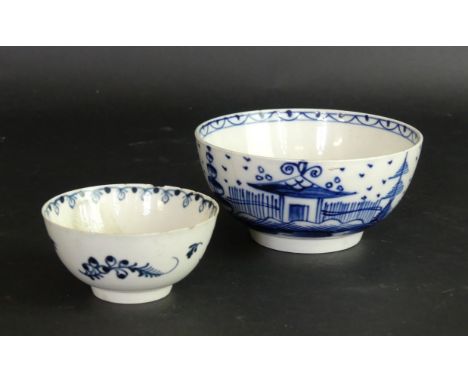 Two 18th Century Liverpool blue and white bowlsThe first decorated with an oriental landscape, height 6cm, diameter 12cm, the