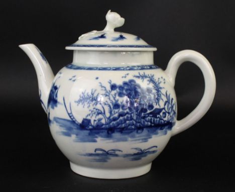 An 18th Century Worcester blue and white teapotOf bulbous form, decorated in the 'Rockstrata Island' pattern, height 14cm    