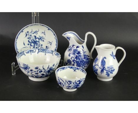 Five pieces of 18th Century Worcester blue and whiteComprising sparrow beak jug decorated with branches and birds, crescent m
