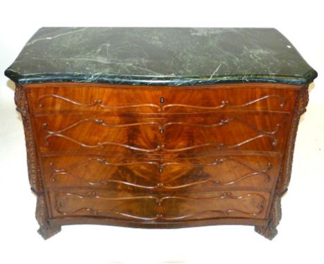 A Continental mahogany serpentine fronted commode with marble top, late 19th CenturyThe variegated marble top with thumbnail 
