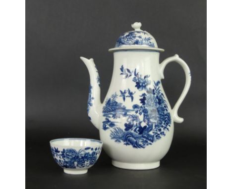 An 18th Century Worcester blue and white coffee pot and coverDecorated in the 'Fence' pattern, crescent mark to base, height 