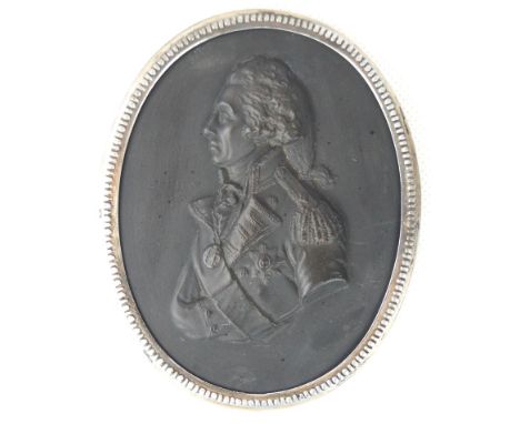 A 19th Century black basalt miniature portrait plaqueProbably Wedgwood, relief decorated with a bust of Nelson, inset within 