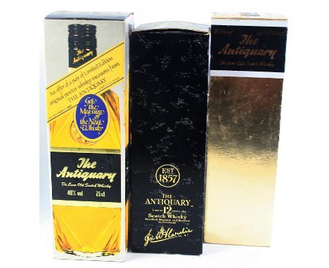 3 Bottles all in original cartons "The Antiquary" Scotch Whisky from 1970's and early 1980's Comprising 1 bottle 1970's The A