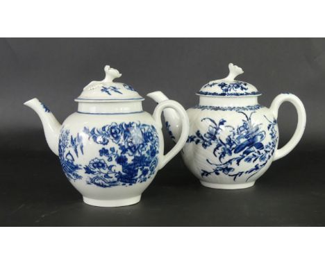 Two 18th Century Worcester blue and white teapotsOf bulbous form, the first decorated in the 'Mansfield' pattern, crescent ma