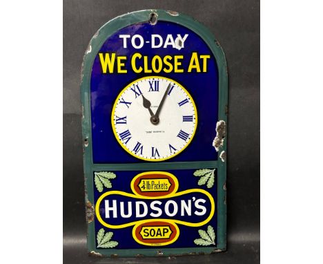 A Hudson's Soap clock enamel advertising sign by Chromo, Wolverhampton, 10 1/2 x 18".