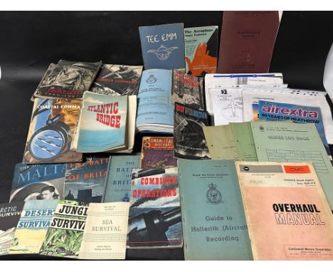 An aviation aeronautical/RAF lot including 1940s Battle of Britain booklets, RAF logbooks, an RAF telephone directory, overha