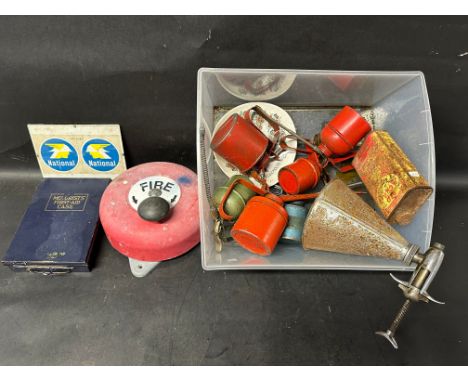 An autojumbler's lot of oilers, a motorist's first aid kit tin, etc.