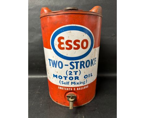 An Esso Two-Stroke (2T) Motor Oil five gallon drum with tap. 