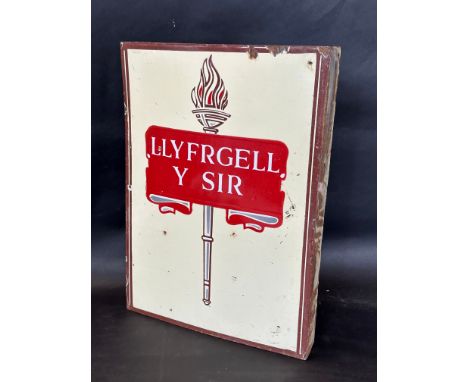 A County Library double sided enamel advertising sign with hanging flange, unusually to one side with Welsh text, 13 x 18". 