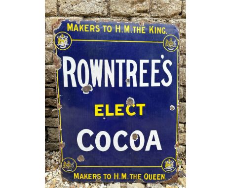 A Rowntree's Elect Cocoa rectangular enamel sign with a Royal crest to each corner, mounted on timber for strength, 30 x 40".