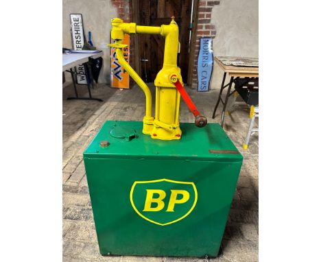 A restored garage oil pump/dispenser with BP logo and applied badge for Prices Lubricants, 24 x 13 x 44".