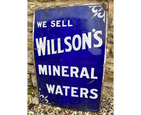 An enamel sign advertising Willson's Mineral Waters, by Burnham of Deptford, 20 x 30".