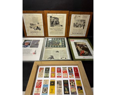 A selection of framed prints etc. to include American petrol and oil branded match packs, CAV lighting, Champion Spark Plugs,