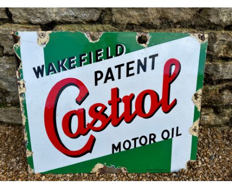 A Wakefield Castrol Motor Oil double sided enamel advertising sign with hanging flange, 20 x 16". 