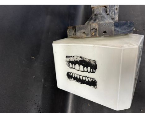 A dentist's outdoor glass lantern light 'Dental Service', on cast bracket, glass light: 11 1/2 x 1/2 x 11 1/2".