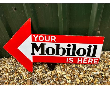 A Mobiloil double sided directional arrow enamel garage advertising sign with marker mount, 32 3/4 x 19 3/4". 