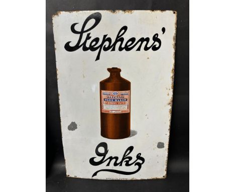 A Stephens' Inks enamel advertising sign depicting a bottle of writing fluid, by Patent Enamel Co. Ltd, marked to the bottom 