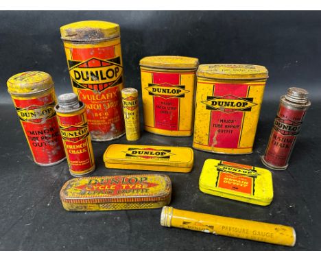 A small collection of Dunlop tins including 'Major' and 'Minor' Tube Repair Outfits, French chalk, dusting chalk, Vulcafix pa