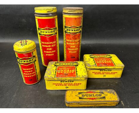 A small collection of Dunlop tins including Reddiplug repair kits, Motor Cycle tube repair outfits, a 'Minor' tube repair out