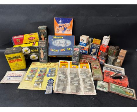 A collection of early packaging and advertising to include Siemens electric lamp, Ray-o-vac flashlight, Colman's Mustard, Maz