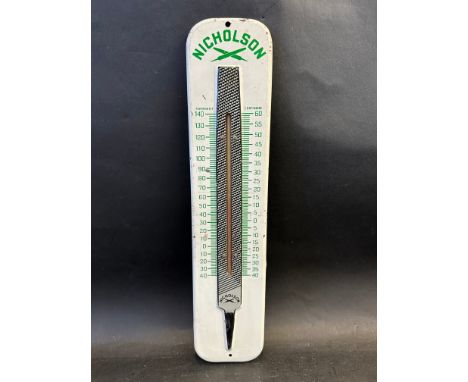 A small sign advertising with integral thermometer for Nicholson files, some restoration, 3 1/4 x 15".