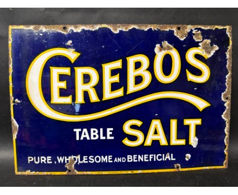 A Cerebos Table Salt enamel advertising sign by Patent Enamel Co. Ltd., 18 x 12".