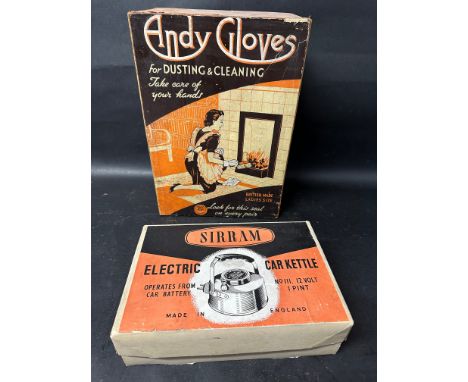 A Sirram electric car kettle, complete, unused and in original packaging and an Andy Gloves for dusting and cleaning shop dis