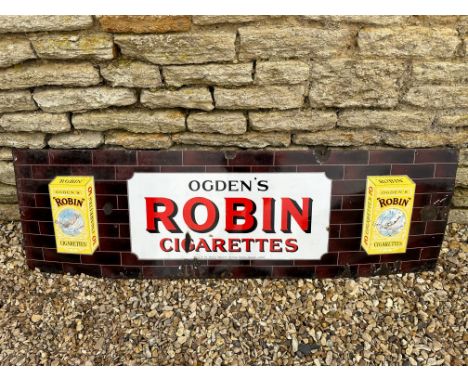 An enamel sign advertising Ogden's Robin Cigarettes, painted brown to verso, 60 1/4 x 18".