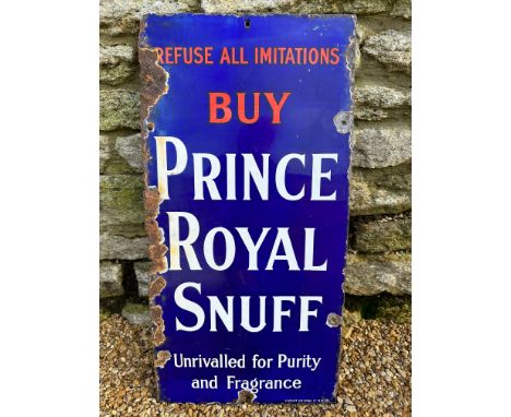 A Royal Prince Snuff enamel advertising sign by Patent Enamel Co. Birmingham, 12 x 24". 