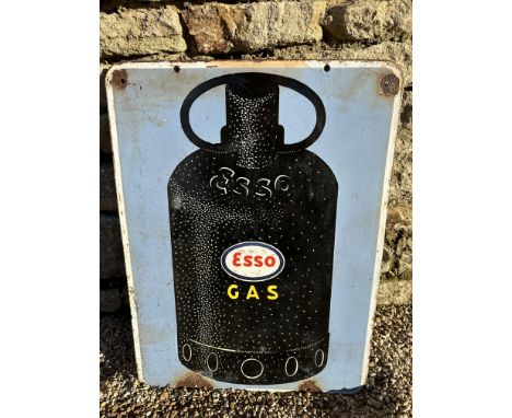 An Esso Gas double sided hanging enamel advertising sign depicting a gas cylinder, 17 x 23". 