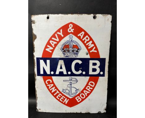 An N.A.C.B. Navy &amp; Army Canteen Board double sided enamel hanging advertising sign, 18 x 24". 