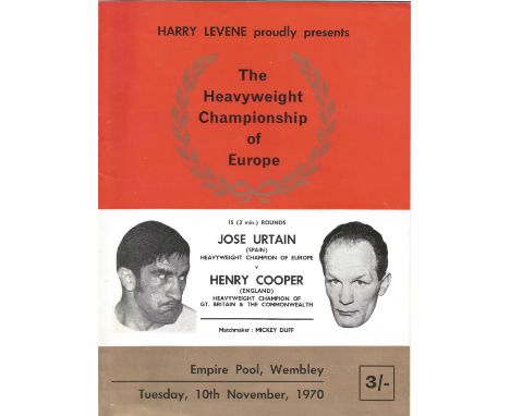 Boxing Jose Urtain v Henry Cooper vintage fight programme Heavyweight Championship of Europe Empire pool Wembley 10th Nov 197