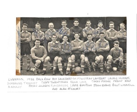 Football Legends Liverpool 1955 7x4 b/w vintage newspaper photo signed by Roy Saunders, Tom McNulty, Ray Lambert, Jimmy Payne