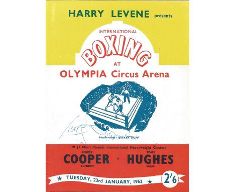Boxing Henry Cooper v Tony Hughes vintage programme 23rd January 1962 Olympia London signed on the cover by Terry Downs. Good