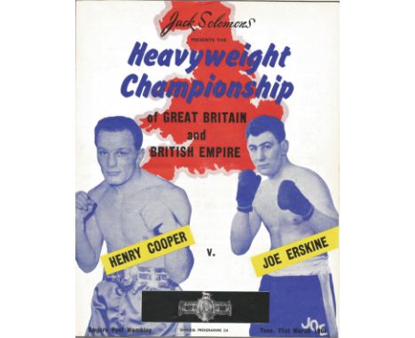 Boxing Henry Cooper v Joe Erskine vintage fight programme Heavyweight Championship of Great Britain and British Empire Wemble