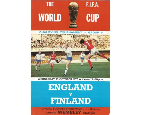 Football England v Finland vintage programme World cup qualifying game Wembley Stadium 13th Oct 1976. Good Condition. All sig