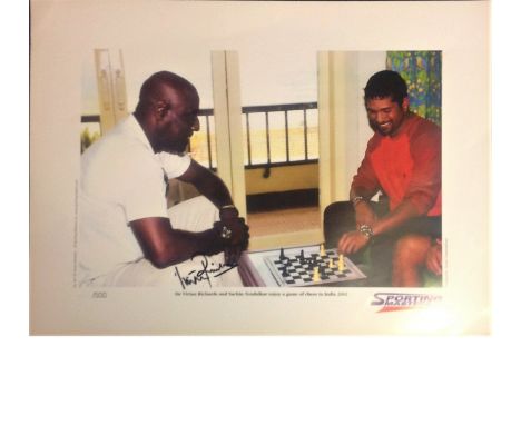 Cricket Sir Vivian Richards 12x16 approx sporting masters signed colour photo picture playing chess with Sachin Tendulkar. Go