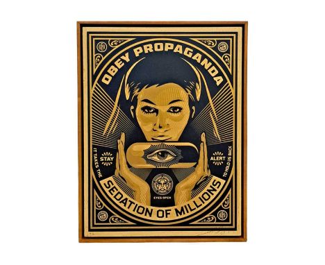 Shepard Fairey (American 1970-), Sedation Of Millions (HPM)', 2013, screenprint and mixed media collage on wood panel, signed