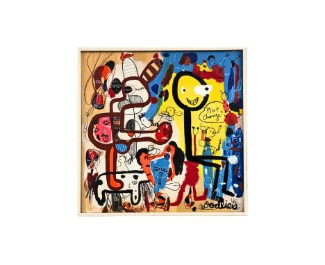 Joi Murugavell (Australian 1973-), 'Plot Change (In A Hurry)', 2016, unique mixed media on wooden board, board; 37 x 37cm (fr